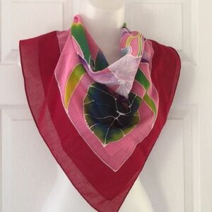 Bright Tropical Flower Motive Cotton Scarf. Hand painted